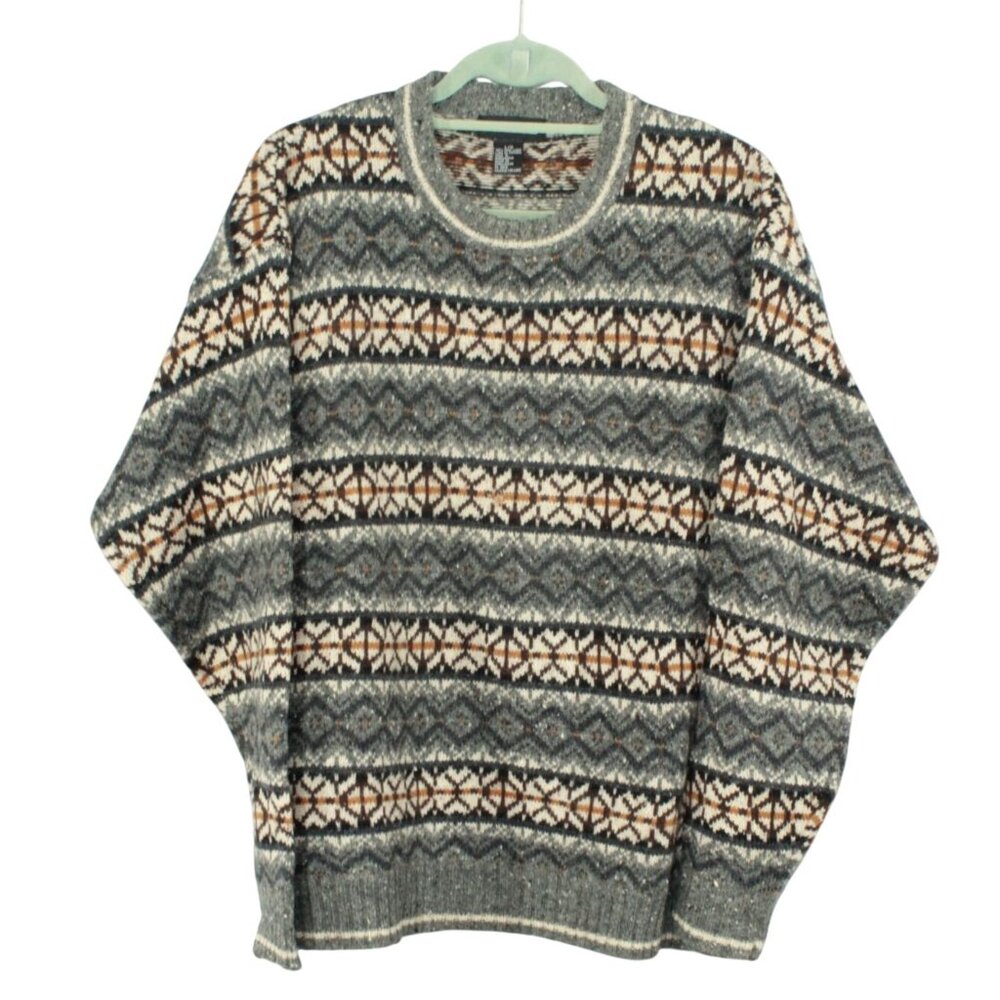 Vintage Jantzen Wool Fair Isle Sweater Mens Size L Gray Brown Retro Naturecore